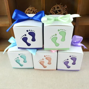 10 adet Bebek Ayak Izleri şeker kutusu Hediye şeritli kutu Bebek Duş Doğum Günü Misafirler Iyilik kutuları Hediyelik Eşya scatole regalo