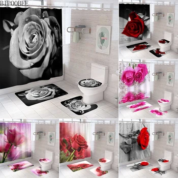 Güzel Gül Çiçek Tuvalet Kapağı Banyo Paspas Kilim 3D Banyo Perdeleri Renkli Çiçekler Kaymaz Halı Kumaş Duş Perdesi