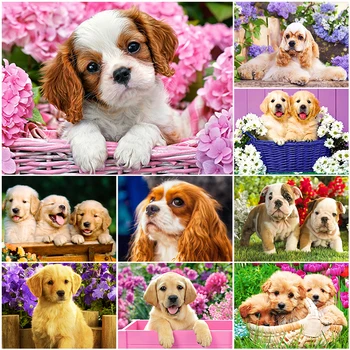 Pet Köpek 5D Elmas Boyama Tam Yuvarlak Elmas Nakış El Sanatları Mozaik Hayvan Çiçekler Otlak Çapraz Dikiş Ev Dekor
