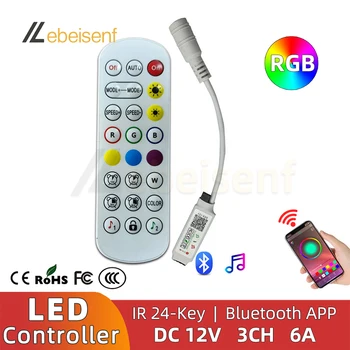 Mini RGB Bluetooth müzik denetleyicisi akıllı APP PWM Dimmer + 24-Key IR kablosuz uzaktan kumanda için 12V 6A renkli LED şerit ışık