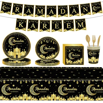 Ramazan Mübarek Kağıt Tabak Bardak Bayram Dekorasyon 2024 Ramazan Kareem Parti Malzemeleri Eid Mubarak Müslüman İslam Festivali Dekorasyon