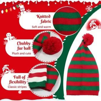 Yetişkin Noel Örme Şapka Elf Santa Beanies Noel Baba Kırmızı Yeşil Çizgili Örme dantel şapka Merry Christmas Mutlu Yeni Yıl