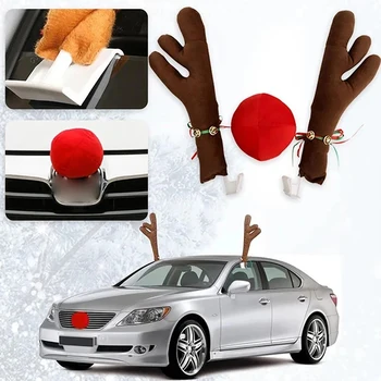 Ren geyiği yılbaşı dekoru otomobil araç Burun Boynuz Kostüm Seti Noel Araba Ren Geyiği Boynuzları ve Kırmızı Burun noel dekorasyonları Kiti