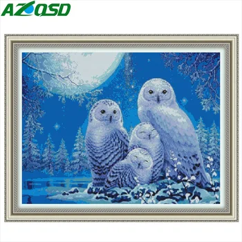 AZQSD Baykuş Hayvanlar Çapraz Dikiş 11CT 40x50cm Nakış Kış Kar Baskı Tuval DIY Ev Dekorasyon İğne Setleri