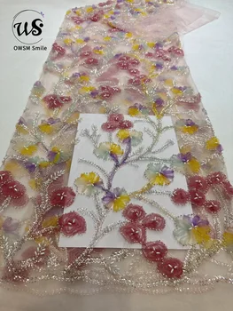 Sıcak satış 5Y parti elbise serisi el yapımı renkli 3D nakış avrupa lüks ışık boncuk ve Sequins yüksek kaliteli kumaş