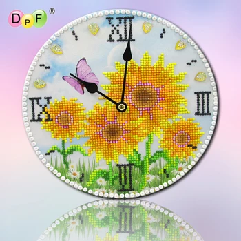 DPF DIY 5D yuvarlak elmas boyama sarı ayçiçeği sanat hediye elmas nakış mozaik duvar saat ev dekoru sanat boyama el sanatları