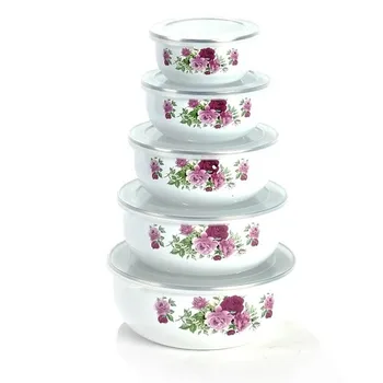 5 Adet / emaye kase seti Yaratıcı Çiçek Hayvan Emaye Kase Salata yemek kasesi ile plastik kapaklar Ev Mutfak için