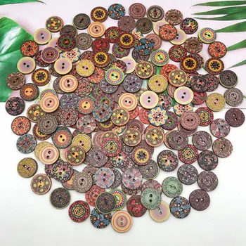 100 adet Yuvarlak İki Delikli Vintage Düğmeler 15mm Giysi Dekorasyon İçin Karışık Renk Ahşap Düğmeler DIY Dikiş Malzemeleri