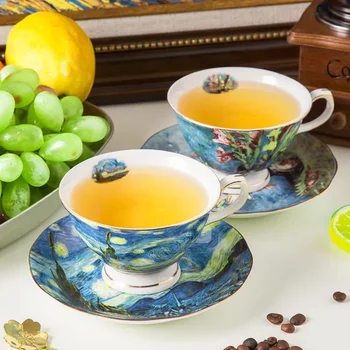 Avrupa high-end kahve fincanı porselen yemek seti kemik porselen İngilizce öğleden sonra çay fincanı ev yaratıcı Van Gogh yağlıboya seramik fincan
