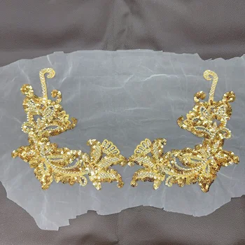 2 Ayna çift Açık Altın Çiçek Sequins Boncuklu Aplike İşlemeli Giyim Aksesuarları Gelinlik Yaka Manşetleri Boncuk DIY