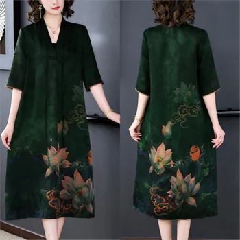 High-end Yaz Sulanan Gazlı Bez İpek Kadın 2023 Yeni Yeşil Çin Anne Dut İpek Etek yaz elbisesi