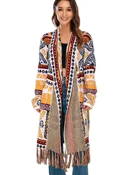BOHO INSPİRED Örgü Hırka Jakarlı hırka Ceket Kadın sonbahar kış Geometri Açık dikiş Püskül bohemian uzun hırka kadın