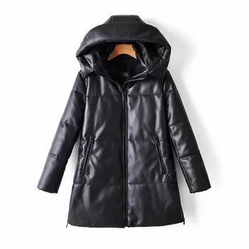 2023 Kış Deri Parkas Kadın Kapşonlu Ceketler Uzun Kollu Fermuar Kalın Sıcak Siyah PU Pamuk Yastıklı Palto Bayan Palto JH525