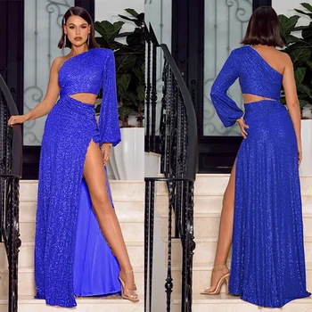 Zarif Akşam Parti Elbise Düğün için Kraliyet Mavi Bir Omuz Uzun Kollu Seksi Hollow Yan Yarık Kat Uzunluk Kadın Porm kıyafeti