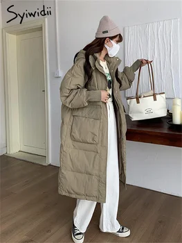 Syiwidii Kalınlaşmak Sıcak Parkas Kadınlar için Sonbahar Kış 2023 Vintage Fermuar Aşağı Palto Bir Başlık ile Rahat Büyük Boy Cepler Ceketler