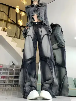 Eklenmiş Yıkanmış Ham Kenar Tasarım Kot Harajuku Tarzı Popüler Hip-Hop Goth Pantolon Gevşek Düz Püskül Geniş bacak Pantolon Kadınlar için