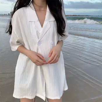 Beyaz kadın Gömlek Yaz Kısa Kollu Kore Tarzı Düz Renk Düğmesi Yarım Kollu Gevşek Bel Hırka Tek Göğüslü Üst