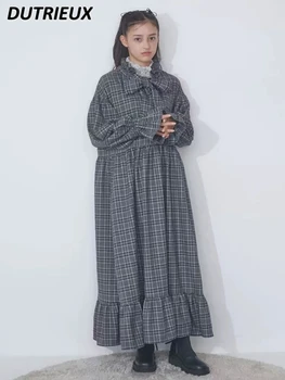 Japon Tarzı İlkbahar ve Sonbahar Yeni Uzun Kollu elbise Tatlı Sevimli Kız Mori Retro Maxi Elbise Yay Dantel-up Gevşek Ekose uzun elbise