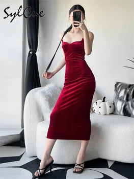 Sylcue Kış Akşam Vintage Örgün Entelektüel Zarif Nazik Onurlu Seksi Kadınlar Düz Koyu Kırmızı Kadife Göğüs Wrap Elbise