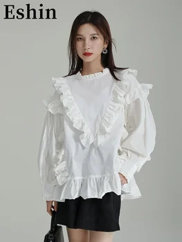 Eshın 2023 Sonbahar Patchwork Sense Ahşap Kulak Kenar Fener Kollu Gevşek Standı Yaka Gömlek Kadınlar İçin Moda Bluz TH1459