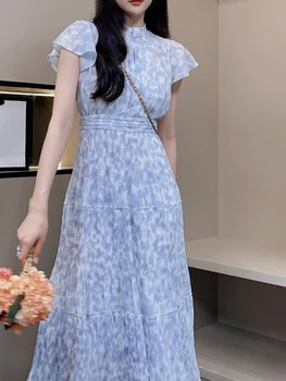 Kelebek Kollu Pilili Vestidos Hit Renkli Baskı Elbise 2024 İlkbahar Yaz Elbiseler Kadın Japon Zarif Tunik Robe Femme