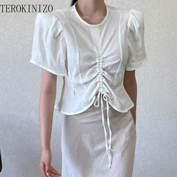TEROKİNİZO Harajuku Düz Renk Bluz Kadınlar İpli Lace Up Yaz Yeni Gömlek Kadın O-Boyun Kısa Kollu Cheimse Femme