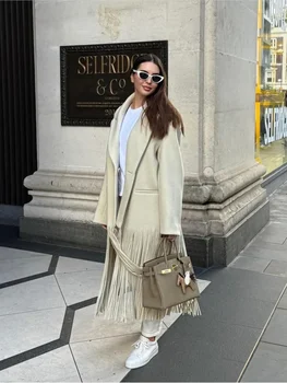 Şık Katı kadın Püskül Yün Palto Moda Yaka Uzun Kollu Cepler Ceket 2024 Sonbahar Kış Kadın Zarif Streetwear