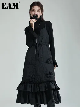 [EEM] Kadınlar Siyah Üç Boyutlu Çiçek Spagetti kemerli elbise Yeni Kare Boyun Kolsuz Moda İlkbahar Sonbahar 2024 1DF5730