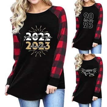 Mock Boyun Gömlek Kadınlar için Noel Üstleri Kadınlar İçin 2023 Yeni Yıl Yuvarlak Boyun T Gömlek Ekose Baskı Kadın Gömlek Uzun Kollu