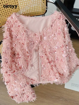 Circyy Pembe Ceket Kadınlar 2023 Sonbahar Yeni Sequins Tek Göğüslü Palto Zarif Bayanlar Püskül Parlak Mahsul Giyim Kış Giysileri