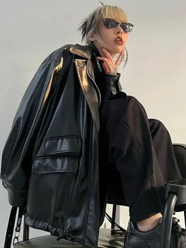 Streetwear Siyah PU deri ceketler Kadın Cep Uzun Kollu Y2K Gotik Mont Sonbahar Bahar Bayanlar Siyah Ceketler Giyim