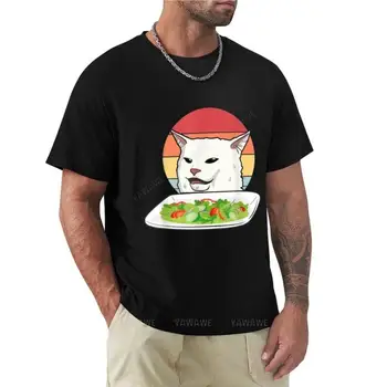 erkek t-shirt pamuk t-shirt Kızgın kadın bağırıyor şaşkın kedi yemek masası meme kısa kollu t-shirt tee gömlek erkekler için
