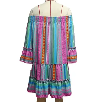 Bohemia Kadın Elbise Boho Elbise Bohemia Tarzı Retro Baskı Kapalı Omuz Flared Uzun Kollu Elbise Fırfır Etekli kadın Gevşek