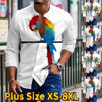 Erkek Uzun Kollu Klasik Tasarım Gömlek Günlük Casual Düğme Up Göz Kamaştırıcı Papağan Baskı Gömlek Moda Slim Fit Gömlek XS-8XL