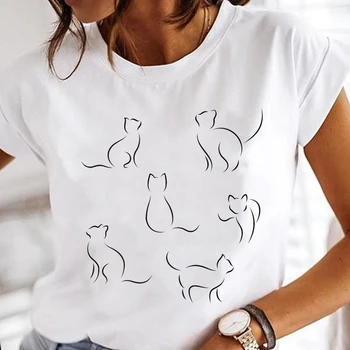Kadın Karikatür Moda Kedi Güzel Tarzı Sevimli Giysiler Bayan Baskı Kısa Kollu Tees Tops Kadın Tshirt grafikli tişört