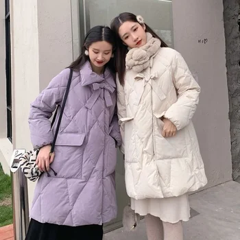 2021 kadın sevimli Kış Kore zarif Pamuk dolgulu Ceket Rahat Argyle Desen Parka kadın katı cepler Şık Ceket