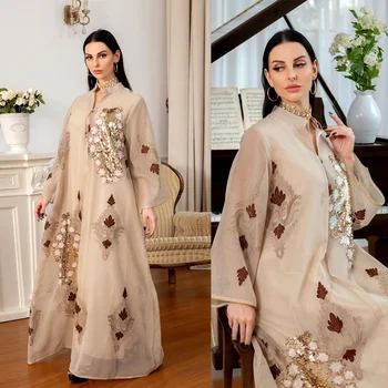 Müslüman çarşaf Etnik Uzun Elbise Kadın v yaka Boncuklu Sequins Nakış Akşam Elbise Moda Dubai Parti Kaftan Türk Arap Kıyafeti