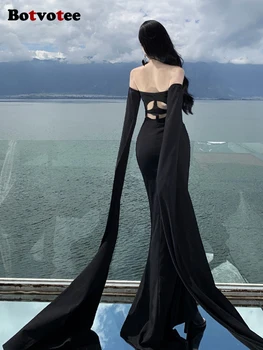 Botvotee İnce Straplez Elbise Kadınlar için 2024 Yeni Backless Hollow Out Katı Uzun Elbiseler Kadın Şık Plaj Tarzı Tatil Vestido