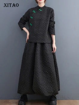 XITAO Vintage Standı Yaka kadın elbisesi Setleri Moda Sadelik Rahat Yeni Uzun Kollu Kadın Üst Etek İki Adet Setleri ZZ0160