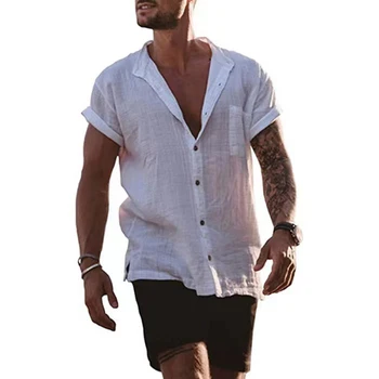 Moda Pamuk Keten Sıcak Satış erkek Şort Kollu Gömlek Yaz Düz Renk Stand-Up Yaka Rahat Plaj Tarzı Artı Boyutu Üstleri