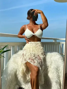 Plaj Kıyafetleri Kadınlar İçin Yüksek Bel bikini seti Push Up Mayo Beyaz 3 Parça Mayo Örgü Etek Mayo Seksi Biquini 2023