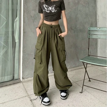 Y2k Streetwear Vintage Chic Kargo Pantolon Kadınlar İçin Yüksek Elastik Bel Geniş Bacak Düz Pantolon Punk Kadın Joggers Pantolon