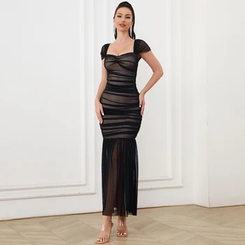 [Shesrim] Yeni Seksi Siyah Tek Omuz Kılıf Elbise Aşk Yaka Pilili Örgü Slim-fit Parti Fishtail Elbise