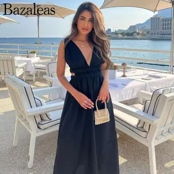 bazaleas mağaza traf 2023 Yaz Zarif Siyah kadın elbiseleri Gençlik İnce Backless Elastik Elbise resmi