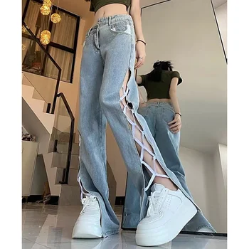 Rahat Bölünmüş Düz Kot Kadın Moda Hollow Out Bandaj Tasarım Pantolon Kadın Kore Tarzı Yüksek Bel Mavi Kot pantolon 2024