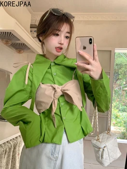 Korejpaa Fransız Tarzı Yeşil Gömlek 2024 Bahar Yeni İnce Bel Yay Bluzlar Kadınlar Kore Moda Turn-aşağı Yaka Camisa Üst