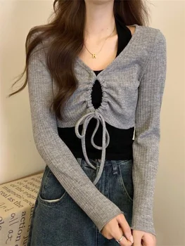 Y2K Kırpma Üst Kadınlar Kore Moda İpli T-shirt Halter Yelek Kadın Sonbahar Uzun Kollu Hotsweet Estetik Tee İki Parçalı Set