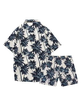 Erkek Tropikal Hawaii Baskı Kısa Kollu Düğme Aşağı Gömlek ve şort takımı-Yaz Rahat Plaj 2 Parça Kıyafet