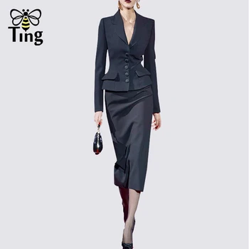 Tingfly Pist Tasarımcısı Çentikli Yaka Blazer Ceket Bodycon Midi Etekler Kadın Moda 2 Adet Setleri Kadın Ofis Iş Elbisesi Setleri