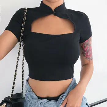 Sıcak Çin Standı Yaka kısa kollu üstler Seksi Kadın Tees Kırpılmış Üstleri Moda Ince Içi Boş Uydurma Tankı Clubwear Blusa